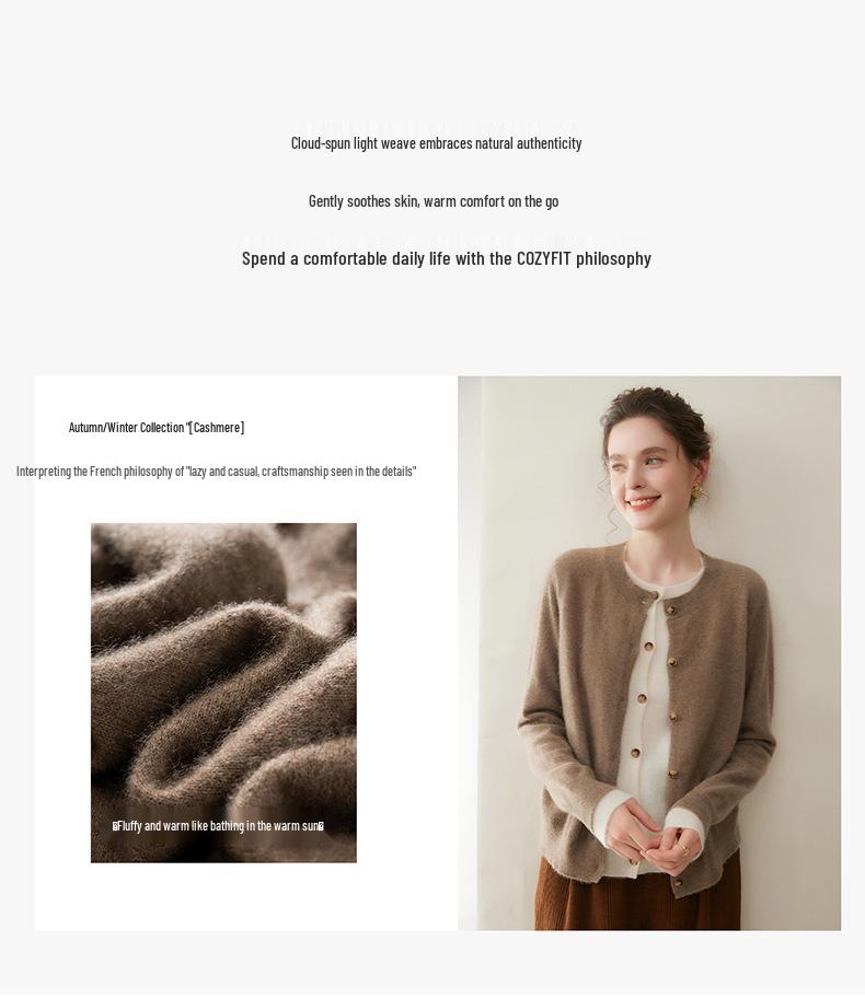Autumn/Winter Women's Round Neck Color Block Cashmere Knit Cardigan - Single-Breasted Loose Fit Sweater