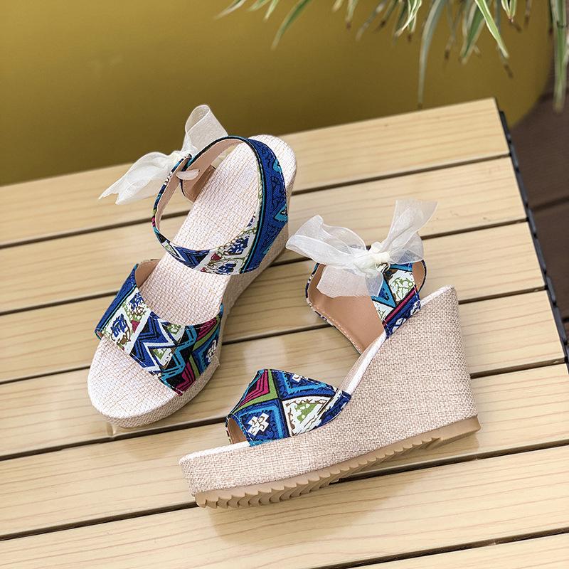 

New large size colored muffin fish mouth sandals women s spring and summer lace-up thick-soled wedge heel high-heeled sandals 35 синий