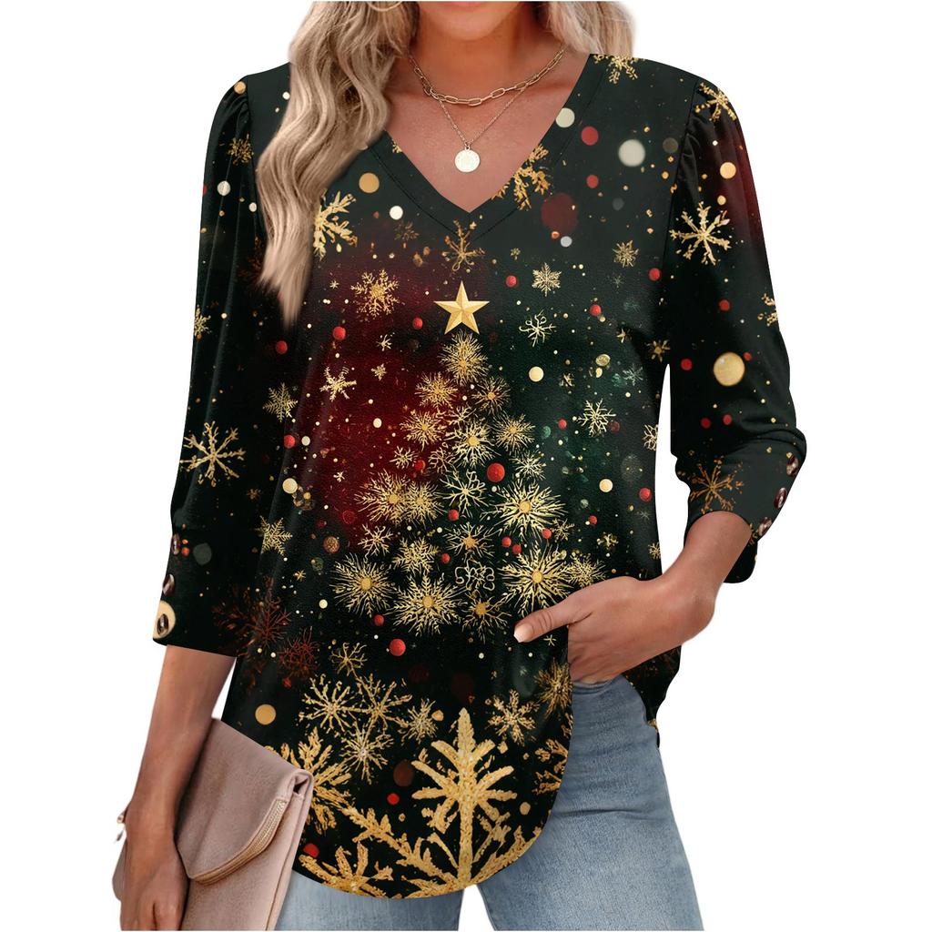 Women's Fashionable Casual Christmas Printed V-neck Top