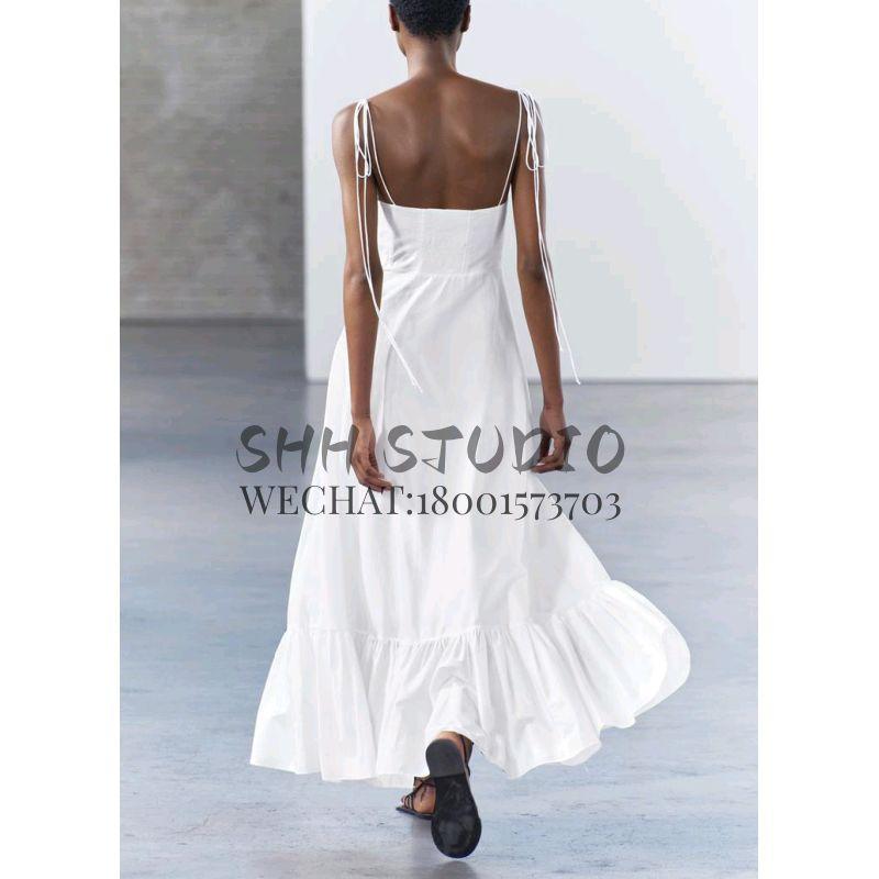 Spring White Fashion Heart-Shaped Collar Bows Camisole Laminated Decoration Poplin Dress 2673072