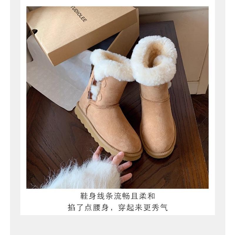 Women's cow horn buckle fashion lightweight soft sole winter warm fur one snow boots padded lining non-slip casual sports cotton boots