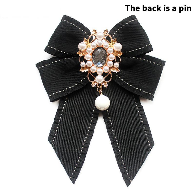Korean Women'S Bow Tie Brooch Black Rhinestone Pearl Shirt Collar Pins Fashion Bowknot Bowtie Ribbon Wedding Party Necktie