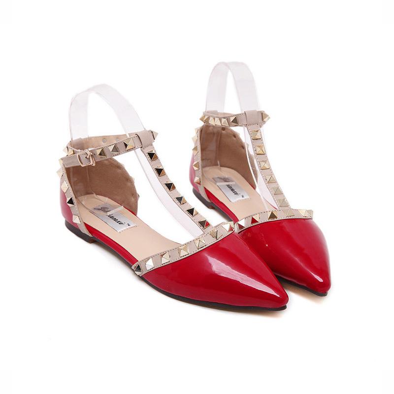 34-43 Large Size, Small Pepper Rivet Tip Strap Flat Shoes Shallow T-Shaped Willow Spike Flat Heel Shoes Single Shoes Women's Shoes