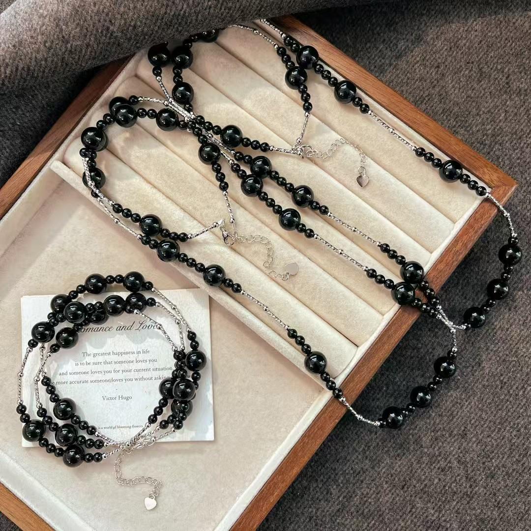 Vintage High Quality Natural Black Agate Sweater Chain Necklace Collarbone Chain
