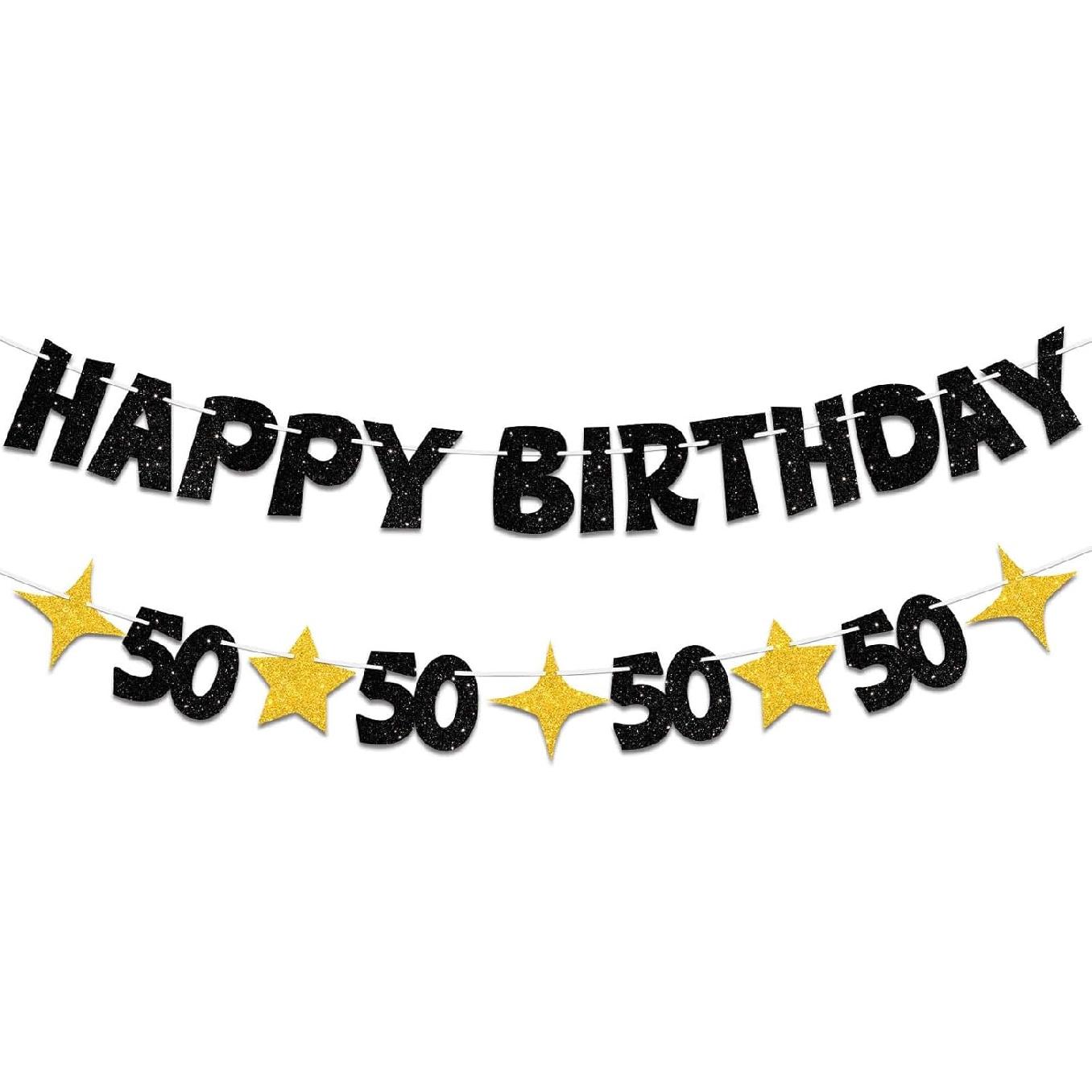 Happy 50th Birthday Banner-Black Gold Happy 50th Birthday Decorations for Men Women,Glitter 50th Birthday Decorations for Him Her,50 th Bday Decor