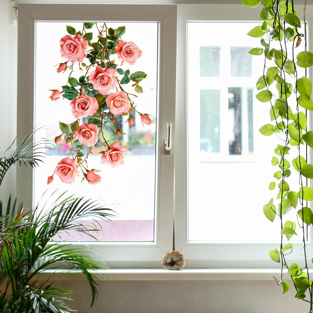 Watercolor Romantic Rose Balcony Glass Window Home Beautification and Decoration Static Window Stickers