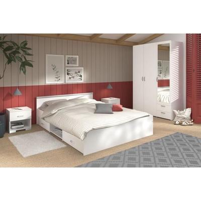 ZODIAC komplettes Erwachsenenschlafzimmer : 140x190 Bett mit Schublade + 3-türiger Kleiderschrank mit 2 Schubladen + 2 Nachttische - Weißes Dekor - PARISOT