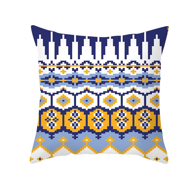 Ethnic Style Sofa Pillow Cover Blue Printed Peach Skin Pillow Cover Office Cushion