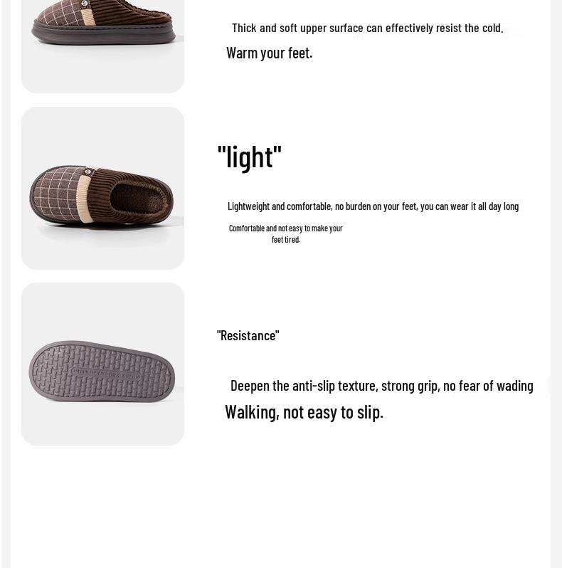 Men's Wool Slippers - Indoor Warm, Thick-Soled, Closed-Toe for Autumn/Winter 2025