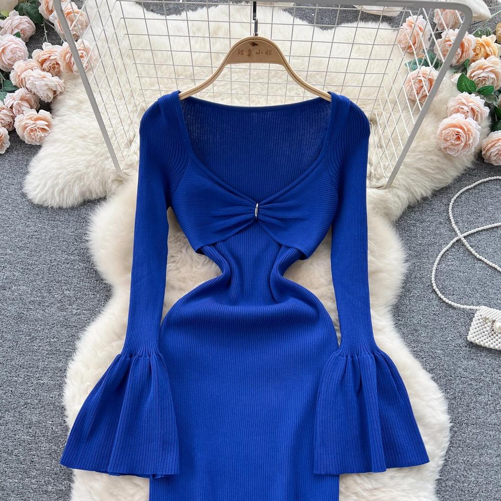 Sexy Bodycon V Neck Flare Pletené šaty s dlouhým rukávem Elegantní Elegantní Vestidos Podzimní Ženy Módní Hip zavinovací šaty