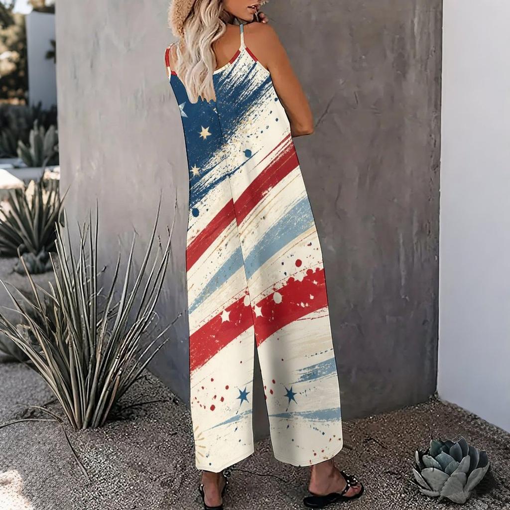 Women Spaghetti Strap Jumpsuit Rainbow Heart Star Print Wide Leg Pants With Pockets