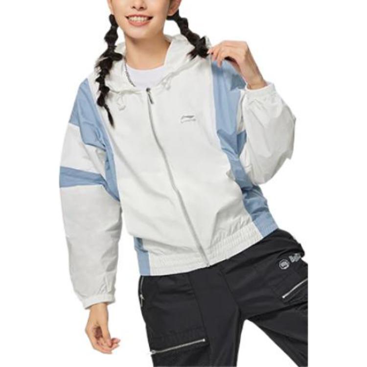 Li Ning Logo Embroidered Color Block Hooded Long Sleeve Jacket Women Jacket Blue AFDT532-1