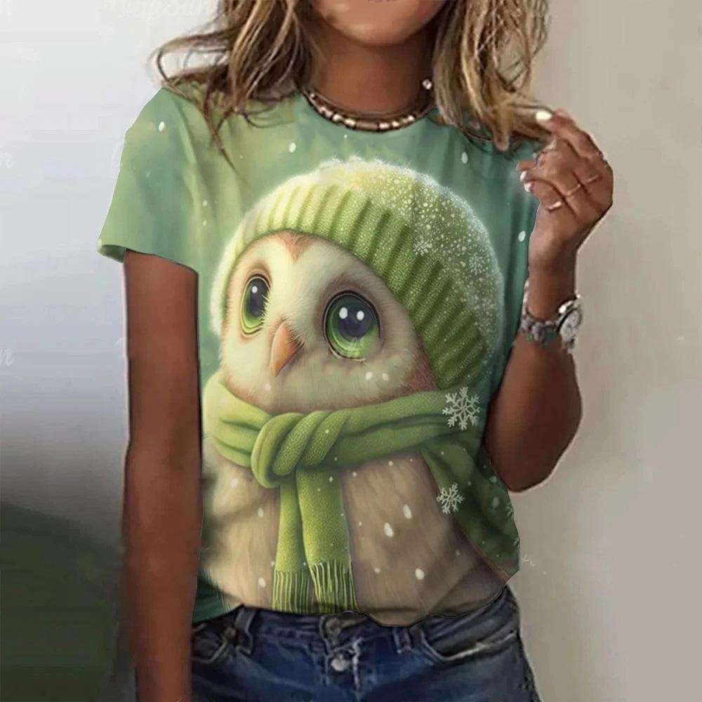 Summer new animal owl pattern 3D printed T-shirt for women, short sleeved round neck T-shirt
