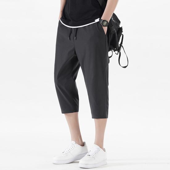 Men Cropped Pants Elastic Waistband Drawstring Quick-Drying Breathable Fit Fabric Loose Design Sports Leisure Pants