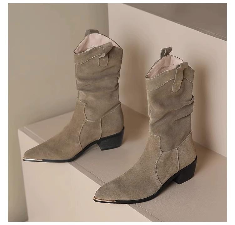 Short boots children's one-pedal medium tube stacking boots 2025 autumn trend v-mouth thin boots pointed western cowboy boots