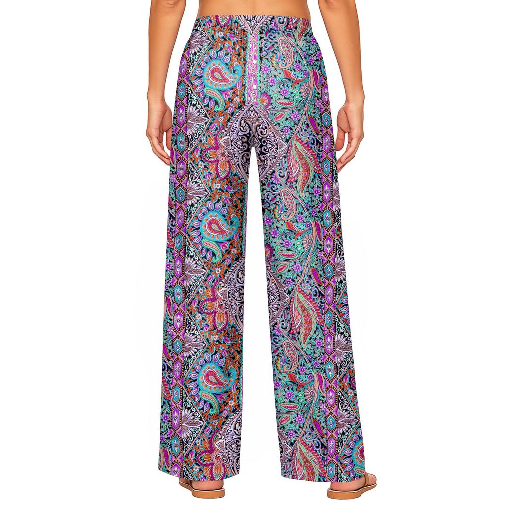 Damskie Modne Spodnie Casualowe z Kieszeniami i Elastyczną Gumką w Pasie z Kwiatowym Nadrukiem z Prostymi Nogawkami