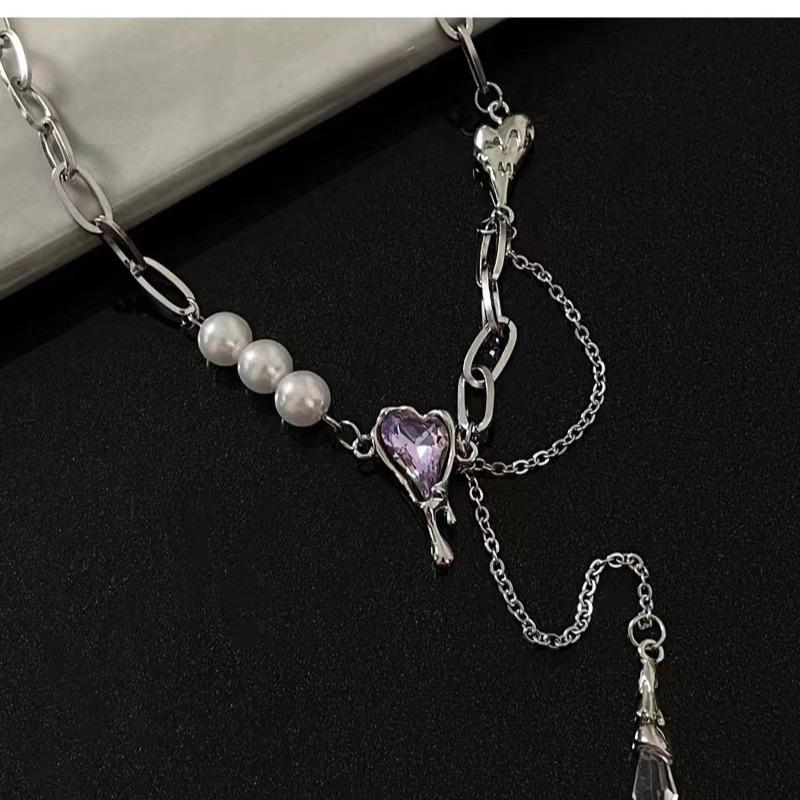 Design purple diamond love fringed pearl necklace female ins sweet cool babes hip hop collarbone chain trendy jewelry female