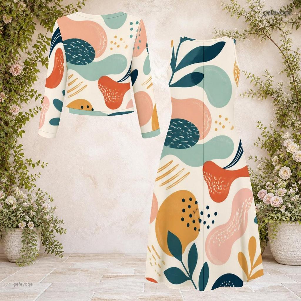 Women Plus Size Printed Round Neck Long Sleeve Cropped Cardigan Sleeveless Midi Dress Two Piece Set