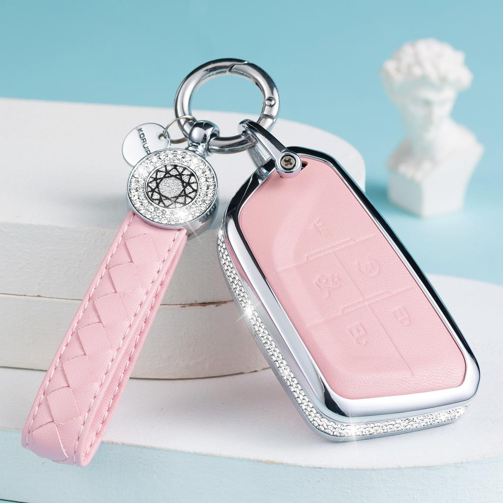 for 2021 Cadillac Escalade Key Fob Cover with Keychain, Pink Genuine Leather Crystal Key Case Protection Shell Compatible with C