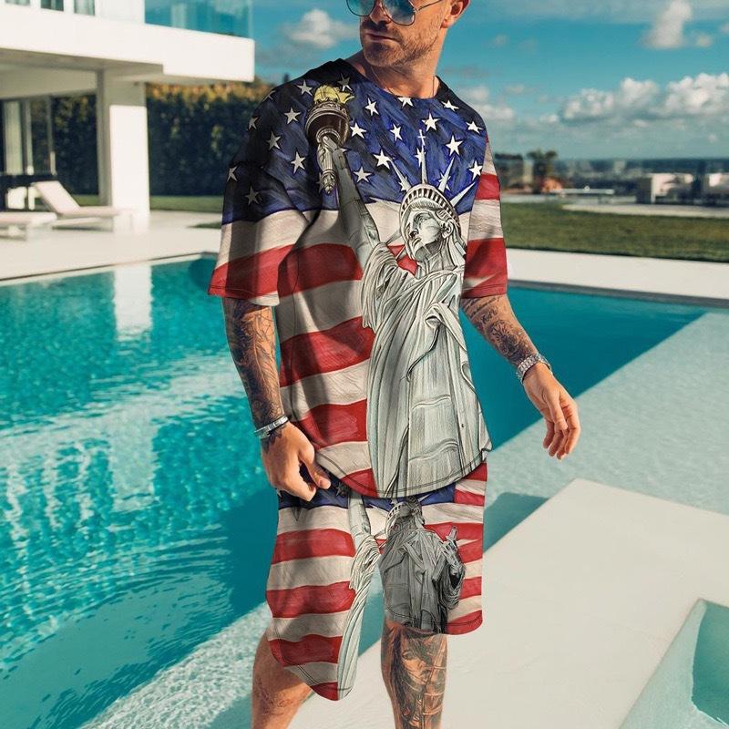 Vintage Style Men's Beach Shorts Set 3D USA Flag Print Short Sleeve T-shirt+Shorts 2 Pcs Set Summer Oversized Tracksuit Suit