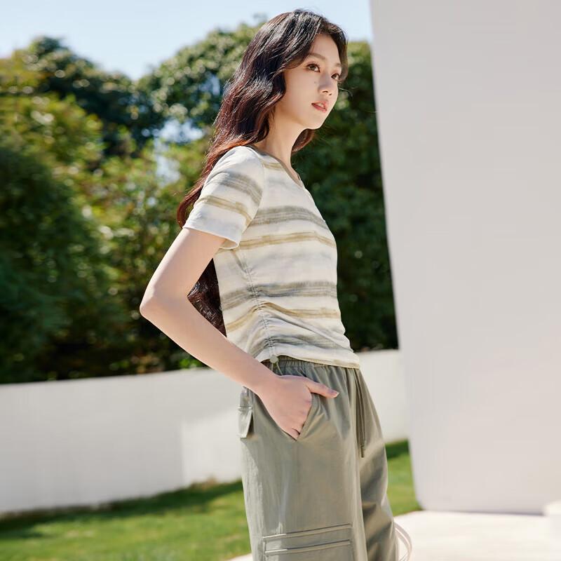 Xiangying Women's 2025 Summer Striped Contrast Short Sleeve T-Shirt