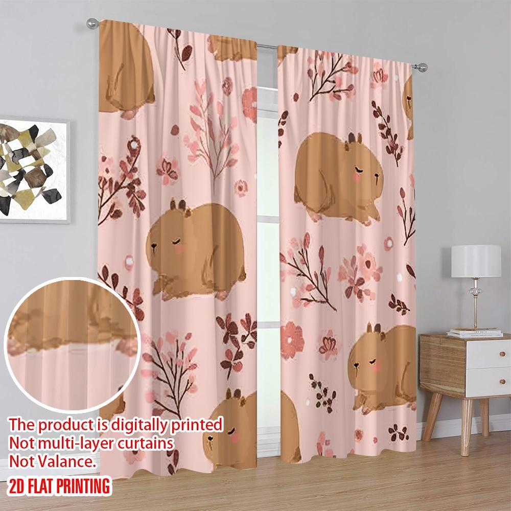 2D flat printing 2pcs Window Curtains Cute Capybara 100% Polyester Without Electricity Versatile Use for room decor aesthetic