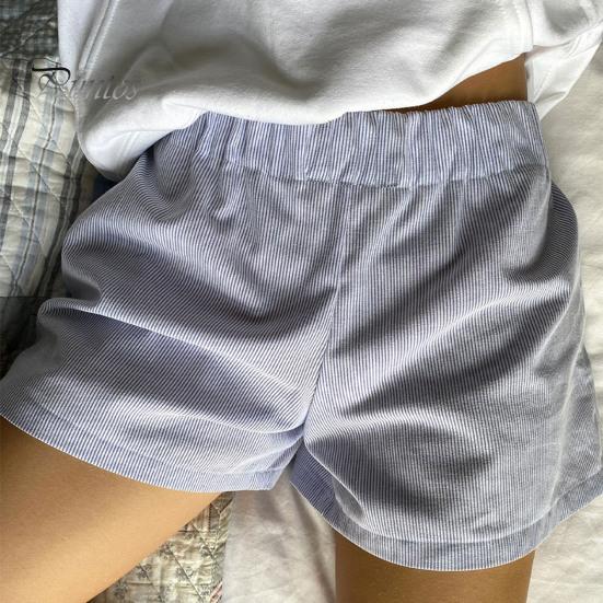Women Summer Shorts Striped Print High Elastic Waist Retro Loose Above Knee Length Casual Sport Homewear Short Pants