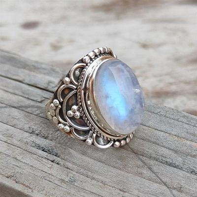 Oválný drahokam duhový měsíční kámen boho prsten, prsten ze sterlingového stříbra 925, ručně vyráběné šperky, prsten s rodným kamenem, dárek pro ni, valentýnský dárek