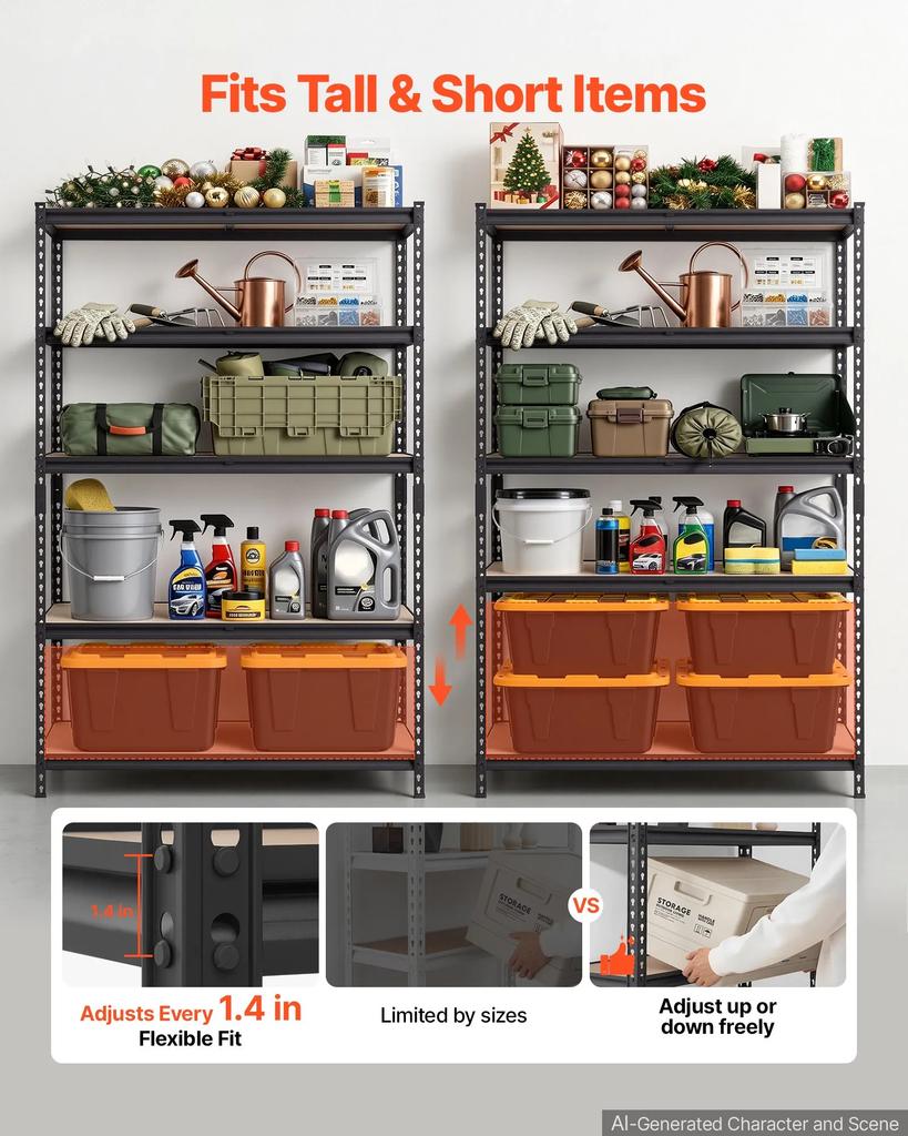 VEVOR Storage Shelves, 5-Tier Adjustable, 907.2 kg Capacity, Heavy Duty Garage Storage Shelving Unit, Metal Utility Rack Shelf