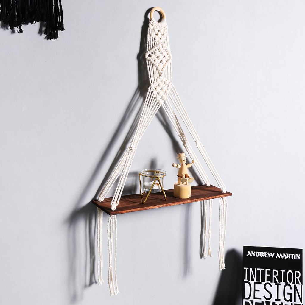 Black WoodenShelf  Hanging Wall Shelves Boho Home Decor Candle Holder Macrame Storage Shelves For Bedroom Bathroom Living Room