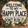 Round Metal Sign Welcome To My Happy Place Durable Easy-Hang Decor for Bedroom Kitchen Dining Bar Unique Perfect Room Decor