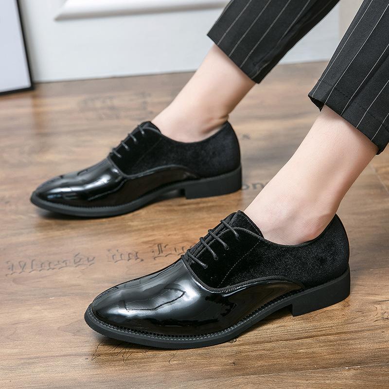Round Head British Style Business Dress Splicing Leather Shoes Spring and Autumn Men's Height Increase Wedding Groom Derby Shoes