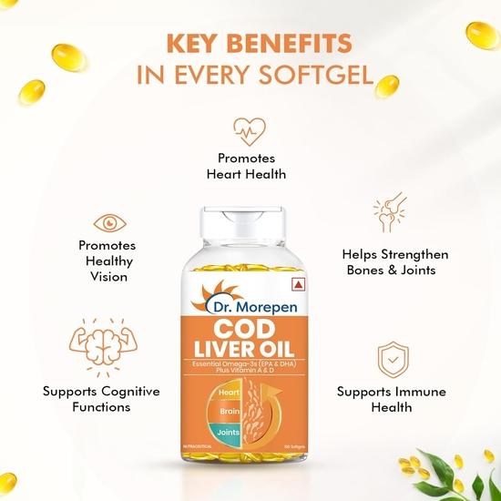 Dr. Morepen COD Liver Oil Capsules | Finest Natural Omega 3, EPA & DHA | Pack of 100 Softgels