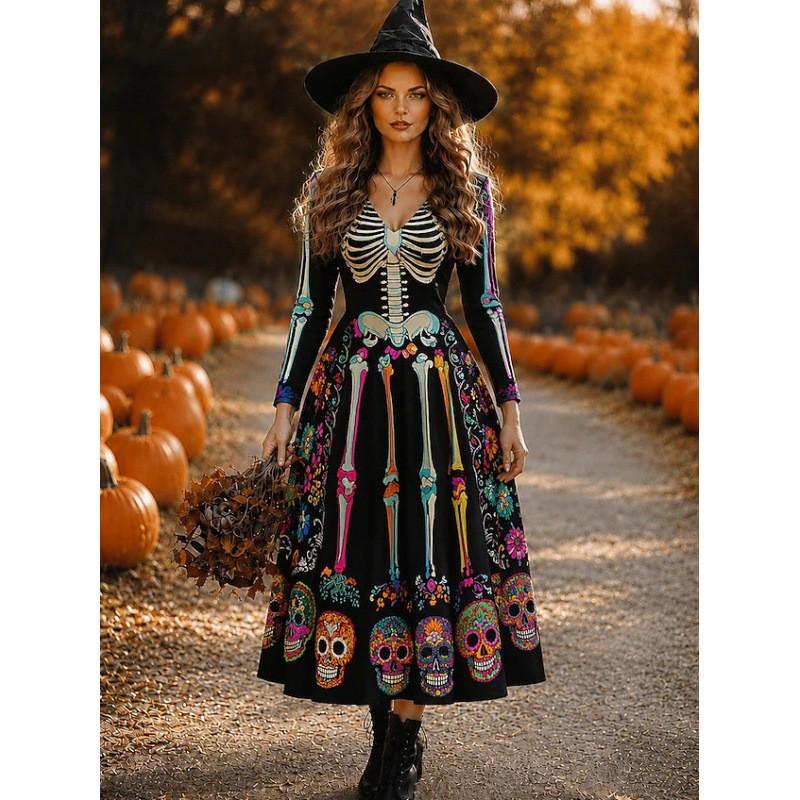Halloween Long A-Line Dress Vintage Bohemian Style Skull Print V-Neck Full Sleeve Party Wear