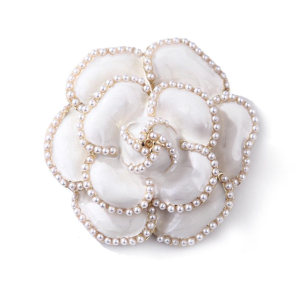 Retro Camellia Pearl Brooch & Scarf Buckle with Rhinestones - Elegant Large Pin Jewelry for Women