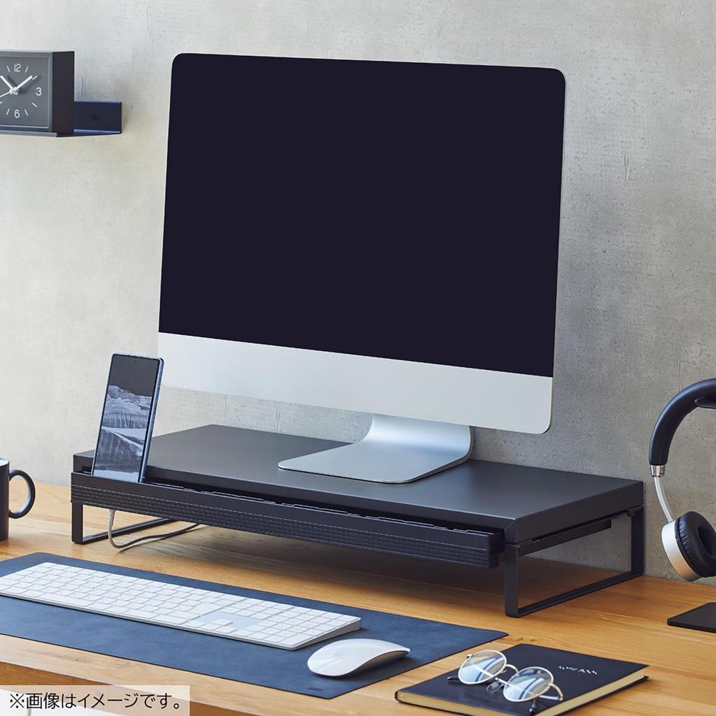 LIHIT LAB Computer Stand, Monitor Stand, Desk Stand, 590mm Wide, with Drawer, Matte Black, A7338-124