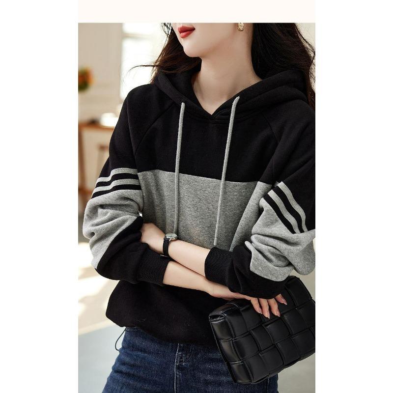 Autumn Winter Striped Patchwork Hooded Sweatshirt for Women Korean Style Ins Loose Western Style Casual Pullover Top