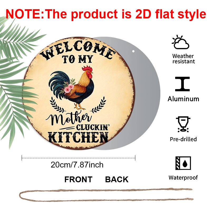 

2D Flat 1pc, 8x8 in, Welcome To My Mother S Kitchen Round Aluminum Metal Sign - Rustic Farmhouse Wall Decor with Rooster & Laurel Design, Perfect for 1pc