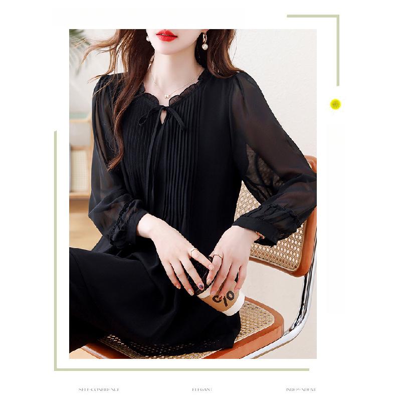 2026 Spring and Autumn New Large Size Tummy-Covering Slimming Top with Stylish Design, Chiffon Long-Sleeve Women's Top