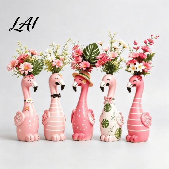 Pink Desk Ornament for Girls Cute Resin Flamingo Decorative Vase Flower Holder Figurine Statues Living Room Tabletop Dried Artificial Flowers,