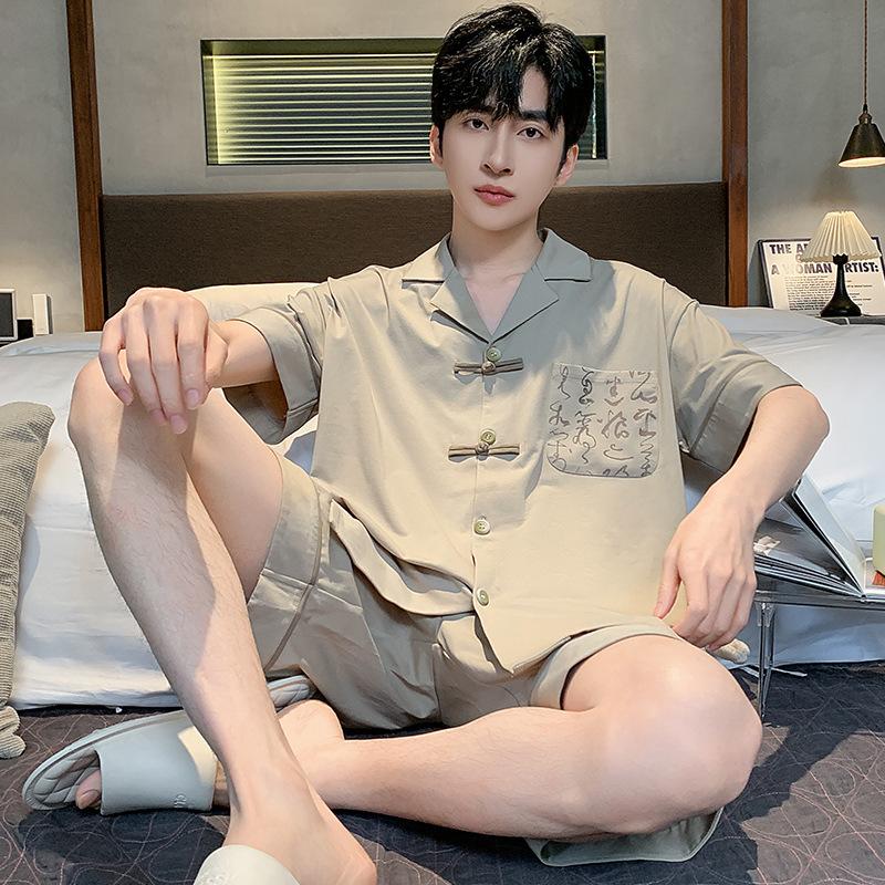 

Мужская пижама из двух частей в китайском стиле ретро, летняя хлопковая пижама с короткими рукавами, шорты, кардиган, домашний костюм XL for 65-75kg