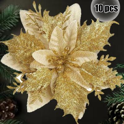 10Pcs Glitter Pink Christmas Flowers Xmas Tree 14cm Artifical Flower Ornaments 2024 Christmas Decoration For Home New Year