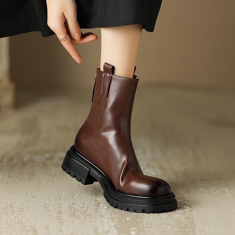 Cizme scurte de damă cu toc joasă toamnă și iarnă noi, confortabile, din piele de vacă, cizme scurte de dimensiuni mari, casual, cu toc gros