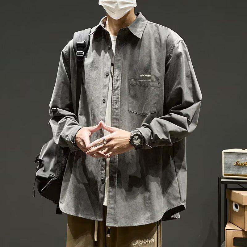 Shirt Men's Long-sleeved Spring and Autumn Simple Letters Senior Sense of Embroidery Solid Color Shirt Versatile Loose Work Cotton Jacket