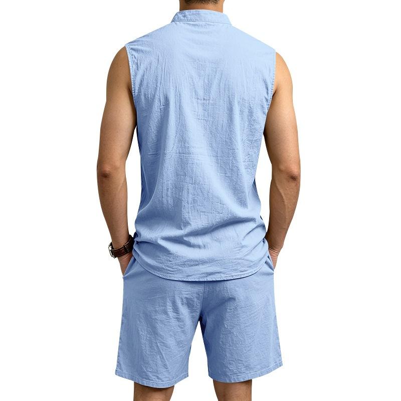 Men Solid Linen 2 Piece Outfit Mandarin Collar Lace Up Sleeveless Tank Drawstring Shorts Beach Set