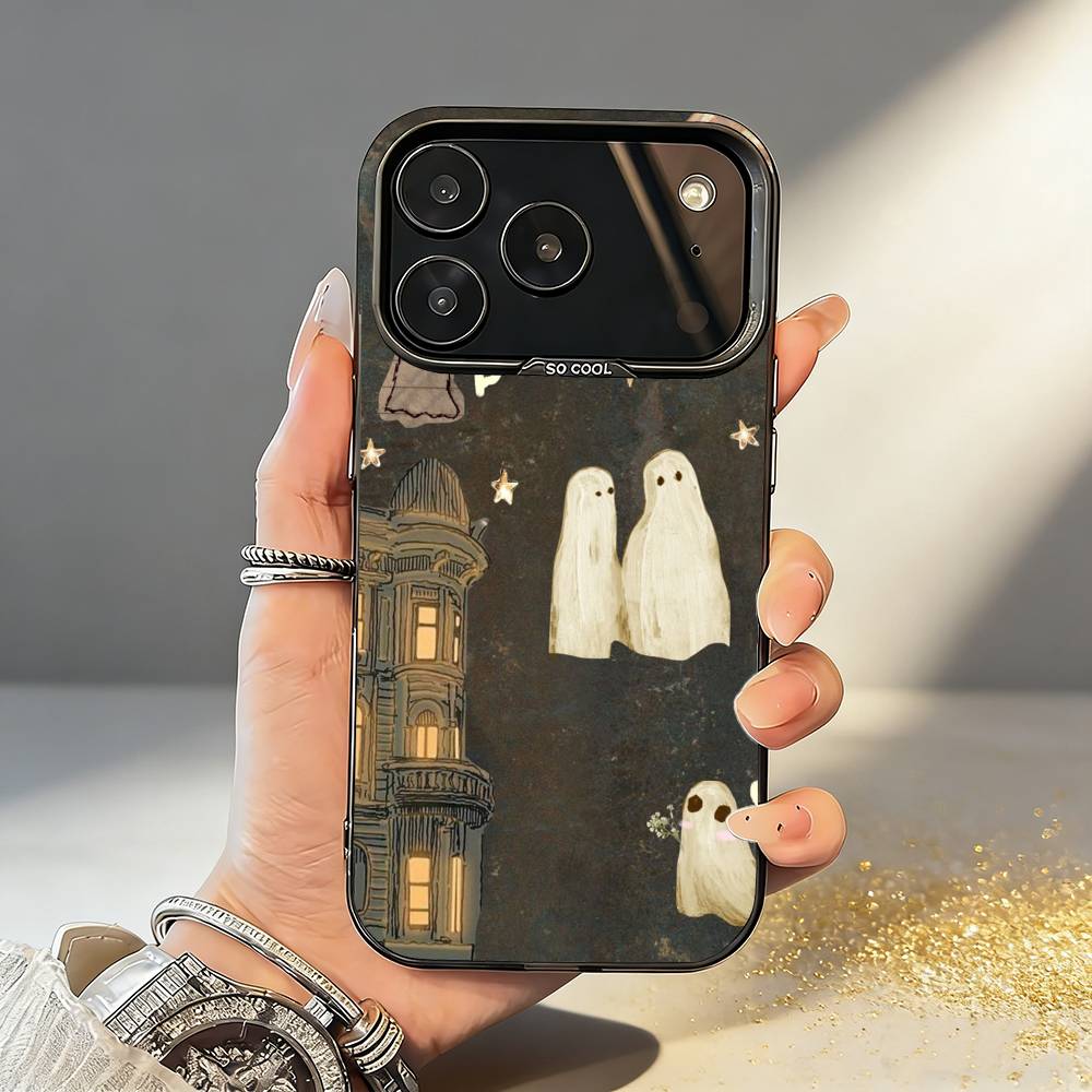 O-Oil Painting C-Cute G-Ghosts Lovely Phone Case For iPhone17 16 15 14 13 12Pro Max Grey Black Matte Laser Metallic Aurora Funda