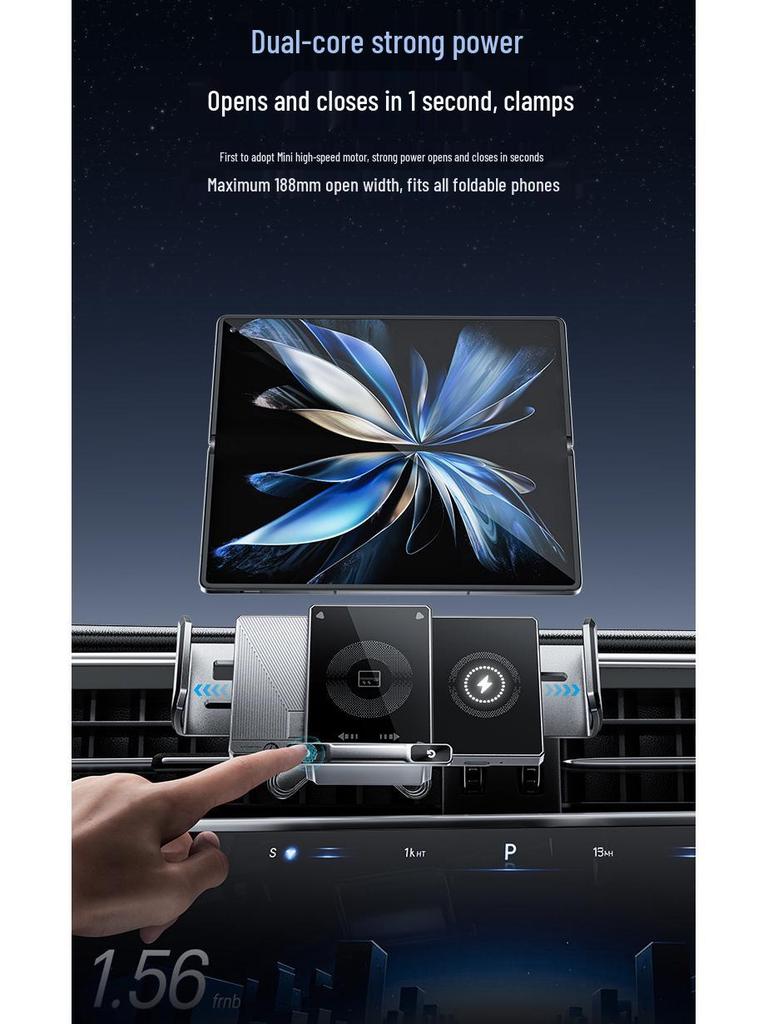 Electric Foldable Phone Holder with Wireless Charging & Clamping Arm for Horizontal/Vertical Car Mounting