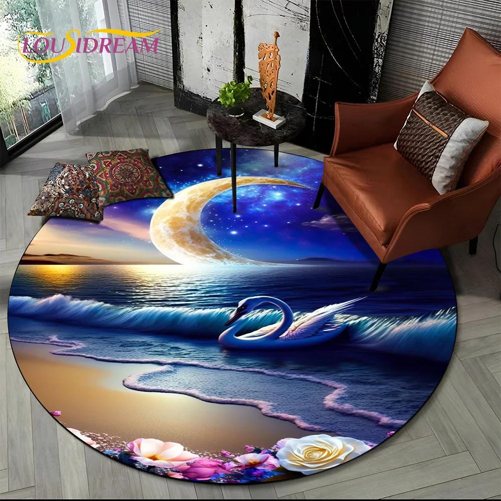 3D Dream Love Swan Cartoon Cygnus Girl Gift Round Carpet Rug for Living Room Bedroom Child Decor,Pet Area Rug Non-slip Floor Mat