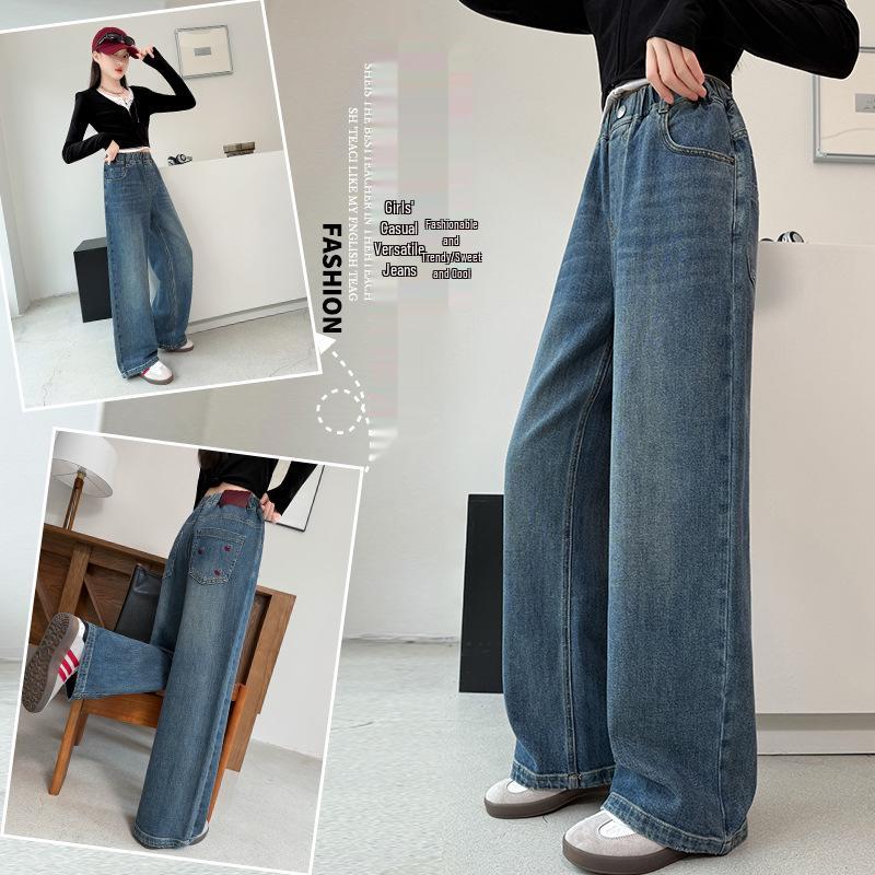 2025 Girls' Embroidered Wide-Leg Jeans: Spring/Fall Casual Straight-Leg Pants for Medium & Big Kids