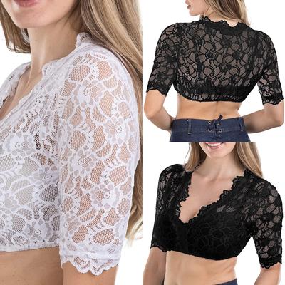 Medium Length Sleeve Floral Pattern Top Hollow Out Short Underwear Lace Bottom Shirt Undershirt